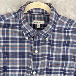 PETER MILLAR Mens Long Sleeve Button Down Plaid Shirt Blue Large Casual Preppy